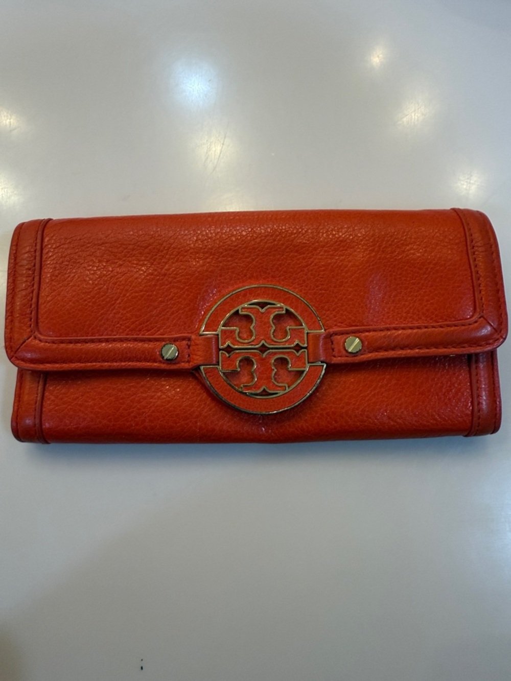 Tory Burch Orange Leather Continental Clutch Wallet with Logo Hardware